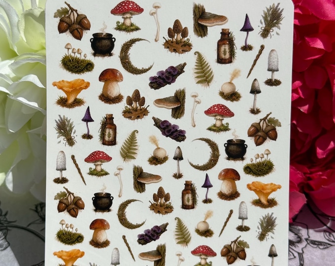 Herbal Apothecary & Mushroom Themed Water-Slide Nail Art Stickers – Witch Art, Fly Agaric, and Forest Mushroom Designs