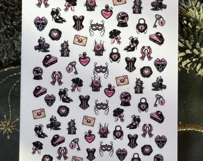 Water-slide nail stickers for nails, Gothic nail art, spooky Valentine's Day, Gothic Valentine's greeting