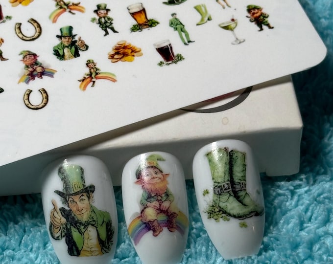 Saint Patrick waterslide nail stickers, 50s style nail art, Irish, March 17, shamrock