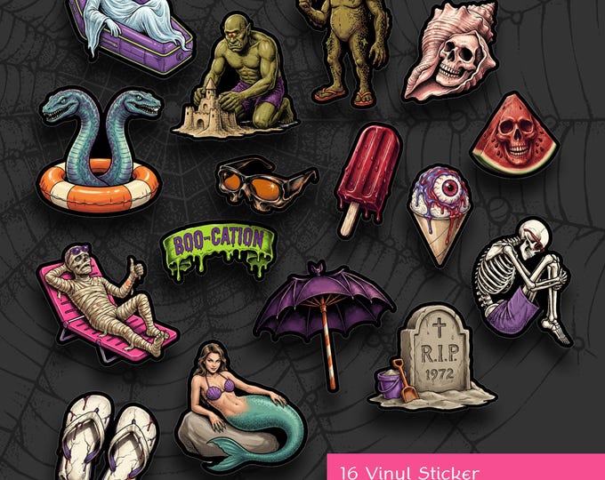 Retro Gothic Halloween Summer Stickers – Spooky Stickers – Vampire in Deckchair, Mummy on Beach Lounger, Mermaid, Ghost