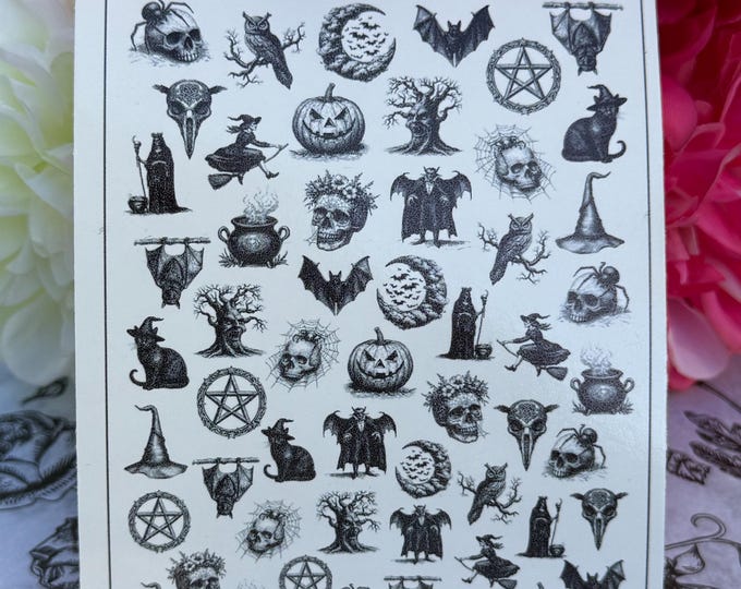 Water-Slide Nail Decals – Halloween Nail Art, Witch, Black & White