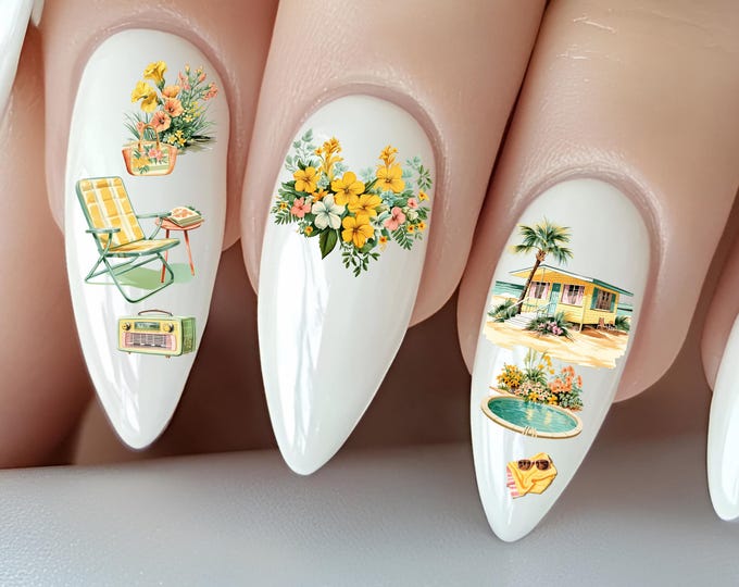Retro Summer Water Slide Nail Stickers, Nostalgic Holiday, Vacation, Summer Holiday, Pool