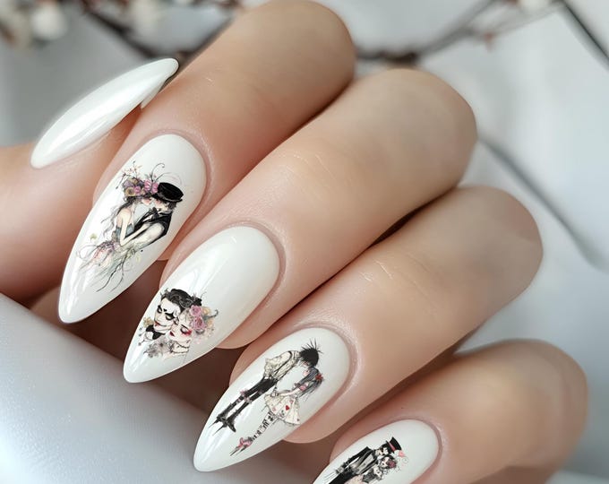Valentine's Day Nail Art, Gothic Valentine's Day, Romantic Waterslide Nail Design