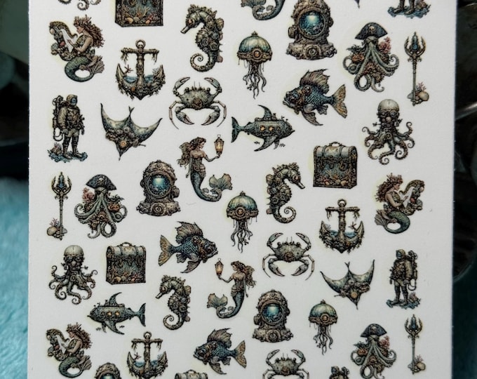 Under the Sea Nail Art Water Slide Stickers for Nails, Victorian, Steampunk, Mermaid Nail Stickers