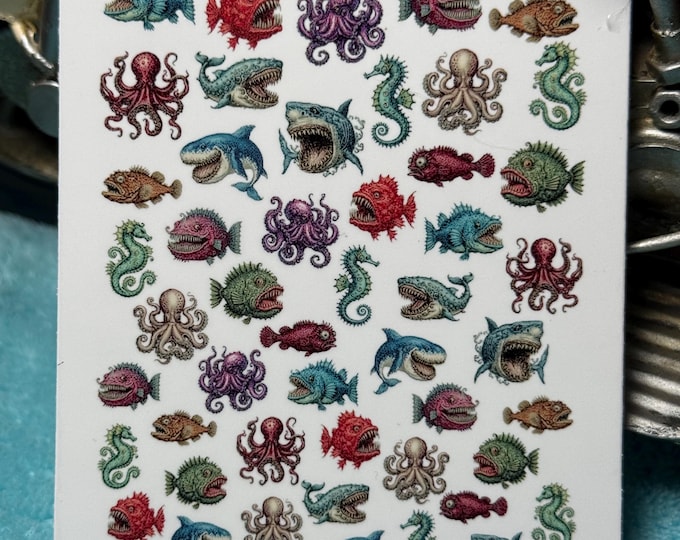 Fantasy Monster Fish Nail Art Water Slide Stickers for Nails, Vintage Ocean Sea Creatures Nail Stickers