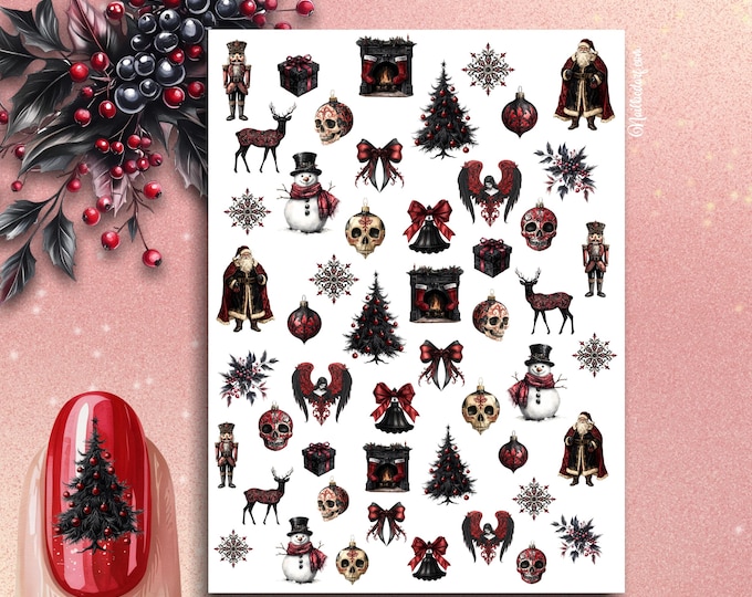Gothic Christmas nail stickers, waterslide stickers, decals for nails, nail art, nutcracker, skull, fireplace