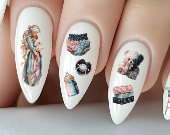 Mama Newborn Water Nail Stickers, Water Slide Stickers for Nails, Nail Stickers Pacifier, Baby Bottle, Building Blocks
