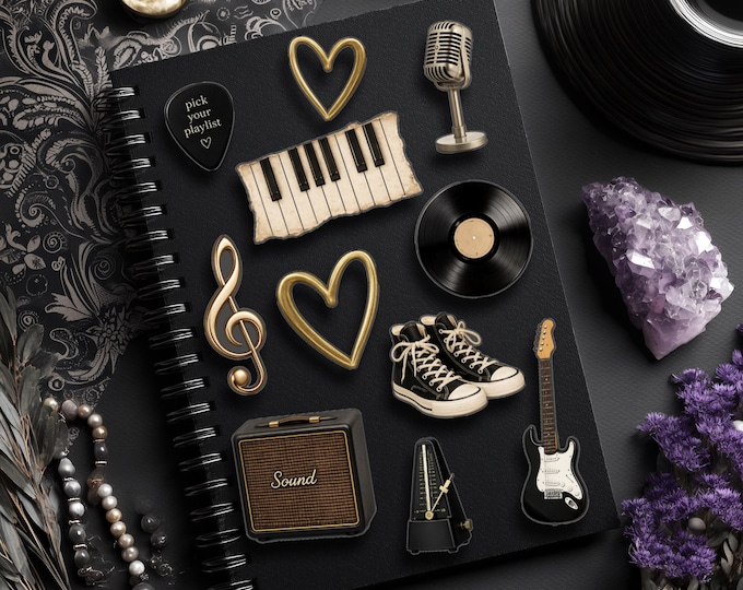 Modern Music Stickers – Guitar Pick, Microphone, Sneaker, Treble Clef (Available in 2 Sizes)