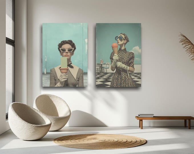 Poster - Vintage 1950s - Women's Portraits with Ice Cream - Men in 1950s Style - Retro Look on Canvas, Ice Cream Colors