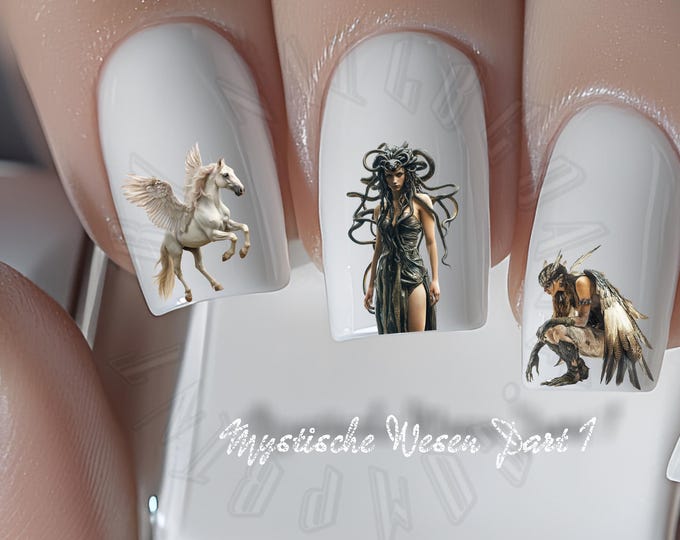Mythical Creatures Water Nail Stickers, Water Slide Stickers for Nails - Creatures, Mythical Beings, Medusa, Pegasus, Dragon, Unicorn