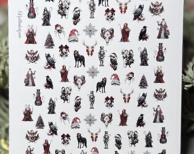 Gothic Krampus nail stickers, Christmas nails, spooky nail art, waterslide decals, stickers, reindeer, black Christmas