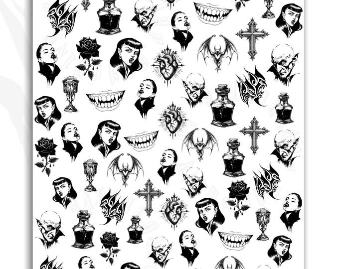 Halloween Vampire Nail Art Water-Slide Decals, Black and White Nail Stickers