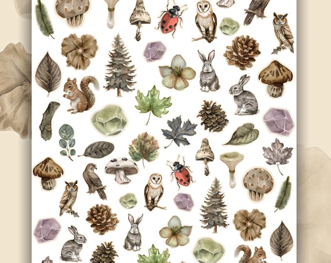 Vintage nature forest nail art water slide stickers for nails, nail stickers mushrooms, forest animals, butterflies