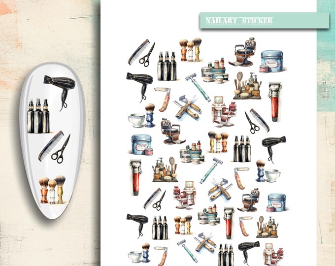 Nail Stickers / Barber Supplies / Retro Hair Dryer, Scissors, Razor, Shaving Brush / Nail Art