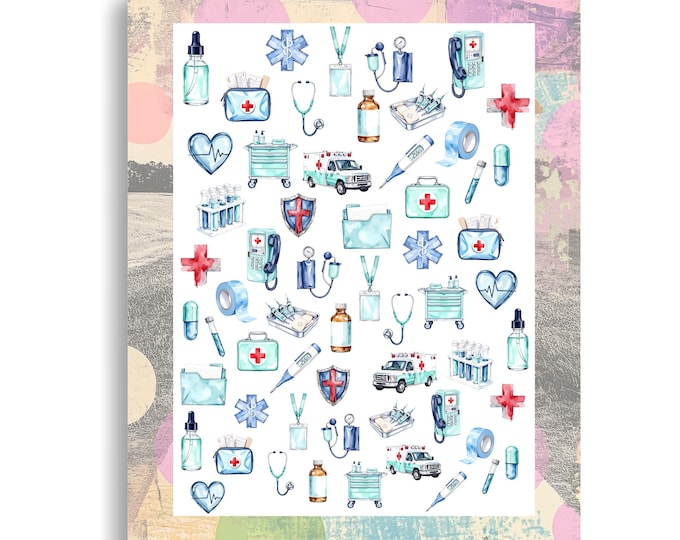Christmas Nail Stickers / Water-Based Nail Decals / Nurse Medical Hospital Watercolor Nail Art Health