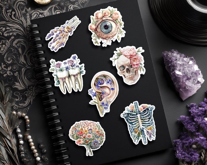 Anatomy Floral Stickers, Flower Skull, Flower Eye, Floral Skeleton Hand - Matte/Glossy Waterproof