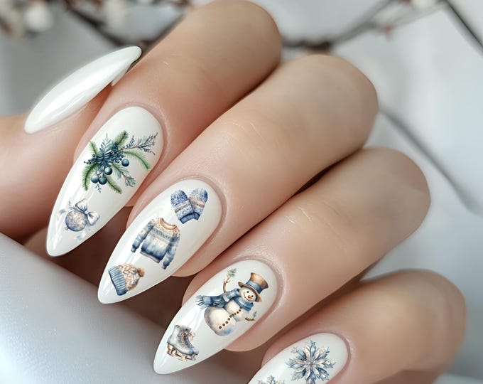 Nail art Sweet winter Christmas nails, waterslide decals, ice blue Christmas snowflake, ice skates, Christmas tree, snowman