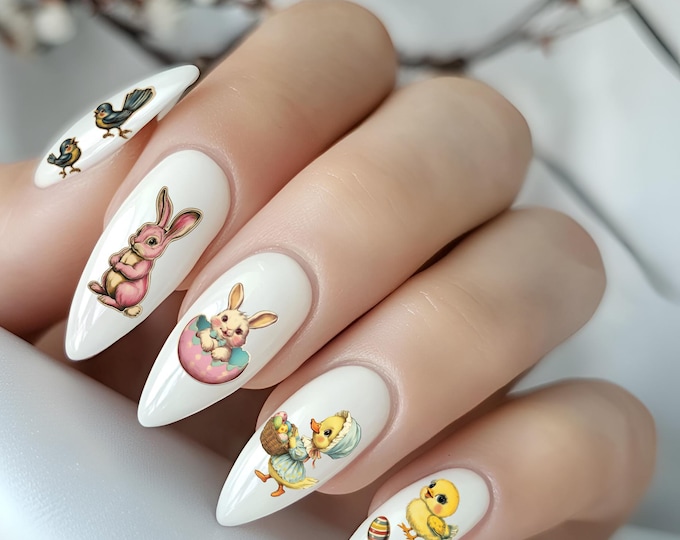 2D Retro Easter Nail Stickers, Spring Decals, Waterslide Nail Art Stickers