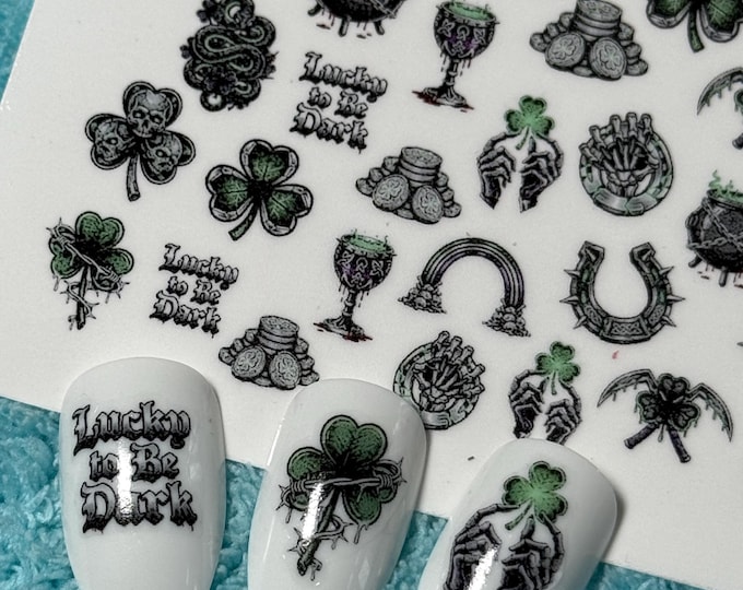 Gothic St. Patrick's Day Water Slide Nail Stickers, Nail Art Stickers - Shamrock, Rainbow