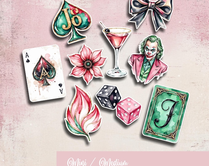 Mini/medium vinyl sticker set, waterproof self-adhesive stickers: Pik Ace, Poker Face, Dice, Flower Blossom, Bow