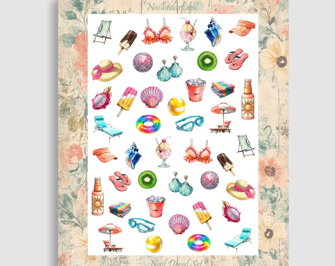 Summer Waterslide Nail Stickers - Summer Vacation, Sea Creatures, Delicious Fruits and Cocktails, Beach Vacation