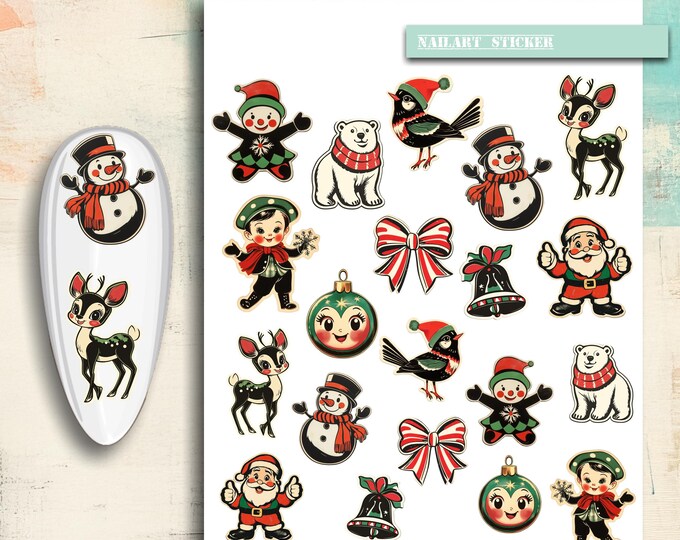 Nail art stickers Christmas, retro Christmas time, snowman, elf, Christmas tree, poinsettia, winter, nail stickers, nail tattoo
