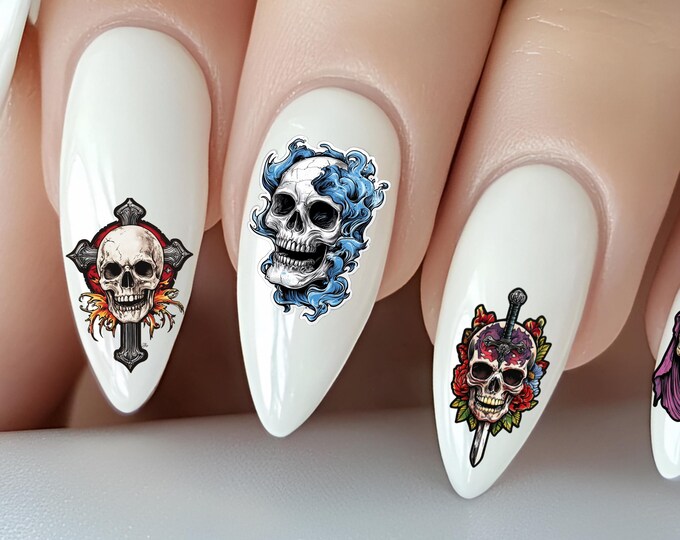 Old School Skull Water Slide Nail Stickers, Water Slide Stickers for Nails, Skull, Bone Skull
