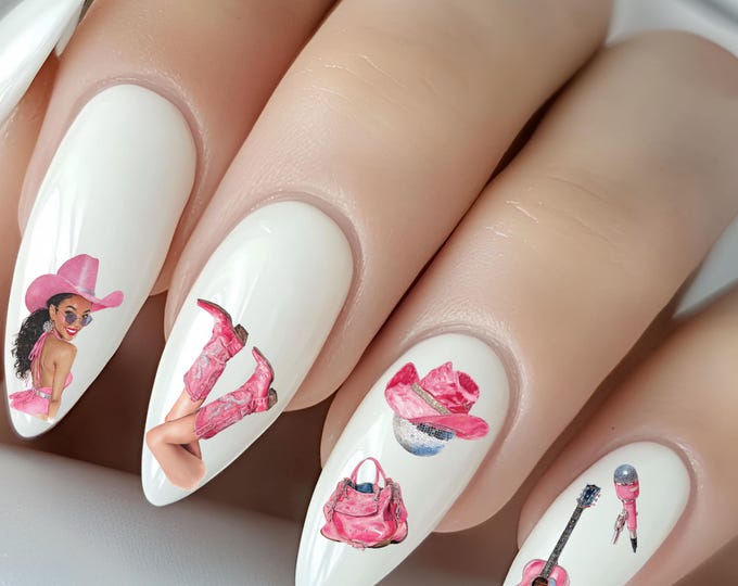 Nail Art Water Decals, Cowgirl Western Rodeo Pink Water Slide Nail Decal