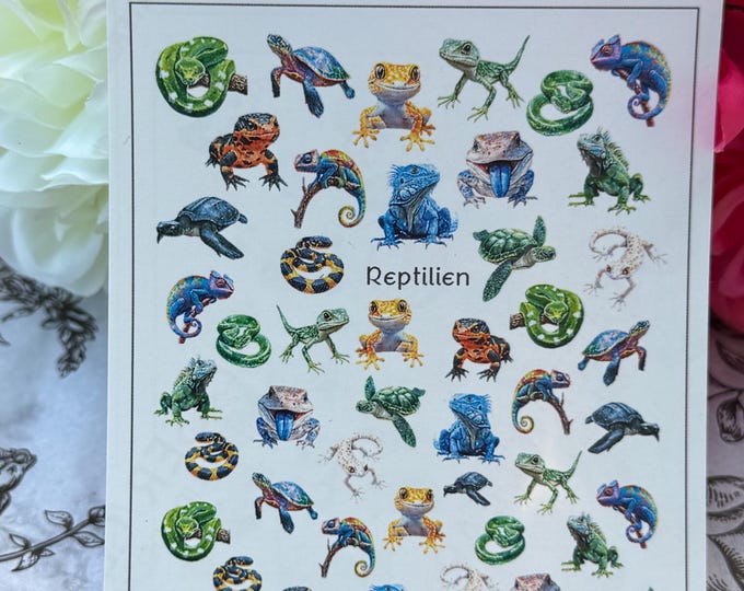 Colorful reptile nail art water-slide decals; nail stickers featuring iguanas, turtles, and snakes