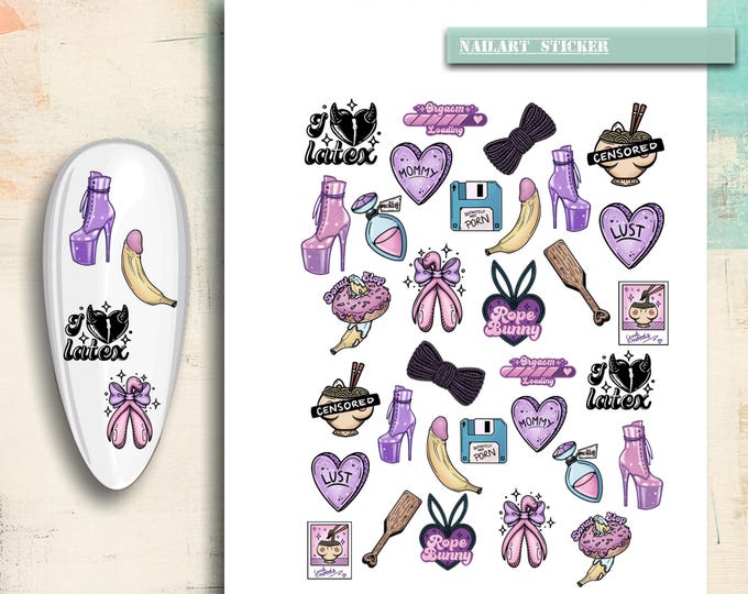 Nail stickers, nail tattoos, nail art, waterslide decals, creepy, sex, slut, cute