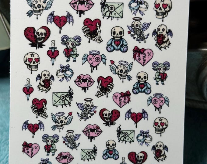 Gothic Pastel Valentine's Day Water Slide Stickers for Nails, Creepy Cute Nail Art Stickers, Cursed Valentine's Day Greeting