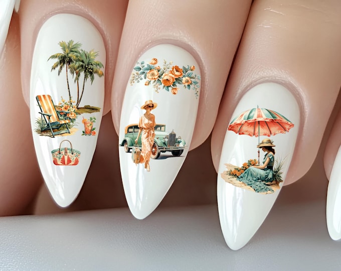 Retro Summer Water Slide Nail Stickers, Nostalgic Holiday, Vacation, Summer Holiday, Beach