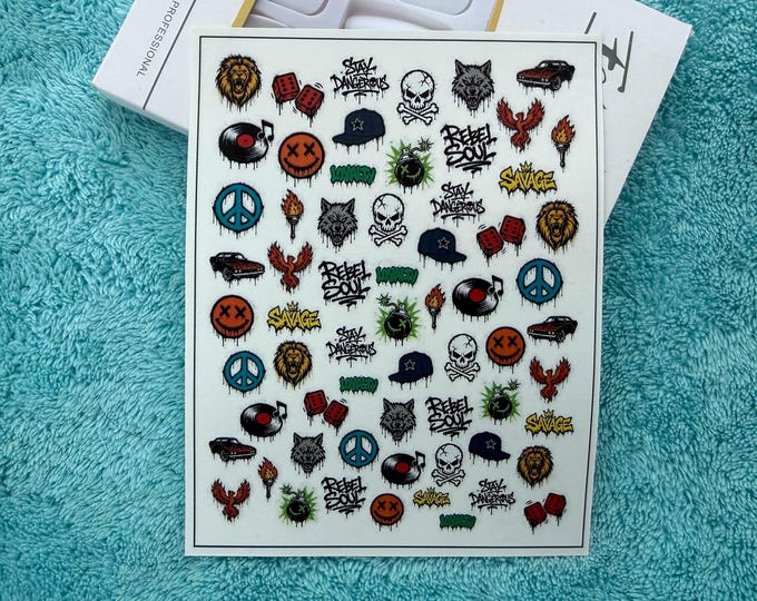 Graffiti Street Art Nail Decals, Y2K Streetwear Nail Art, Colorful Designs, Water-Slide Decals, Dripping Spray Paint Style