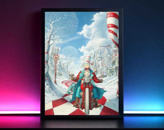Quirky Biker Santa Claus Poster, Color Poster, Wall Art, Art Print, Wall Poster