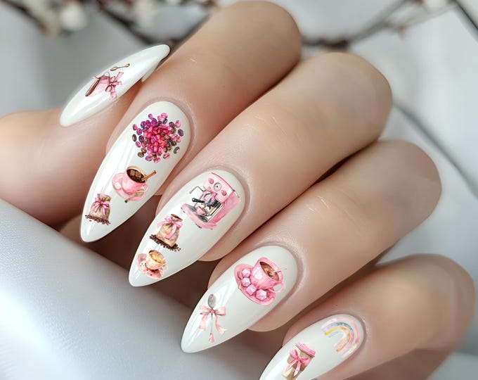 Coffee nail stickers, waterslide nail art stickers, coffee bean nail design, cup, pink