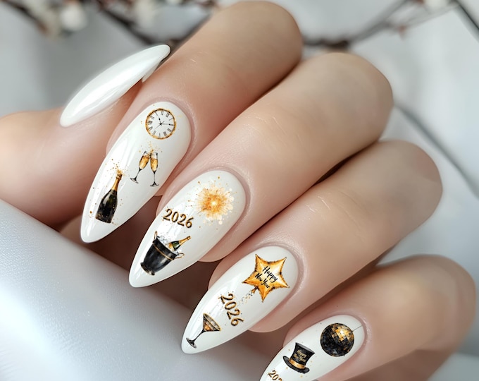 New Year's Day Waterslide Nail Stickers, Decals for Nails, Nail Art, Nail Design, New Year's Eve, New Year's Day, Black and Gold 2026