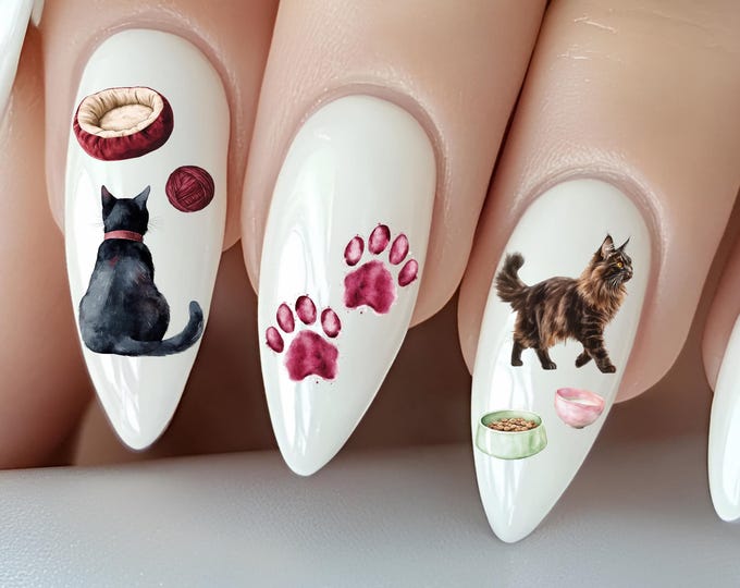 Cat Lover Water Nail Stickers, Water Decals for Nails, Cute Cats, Cat Paws