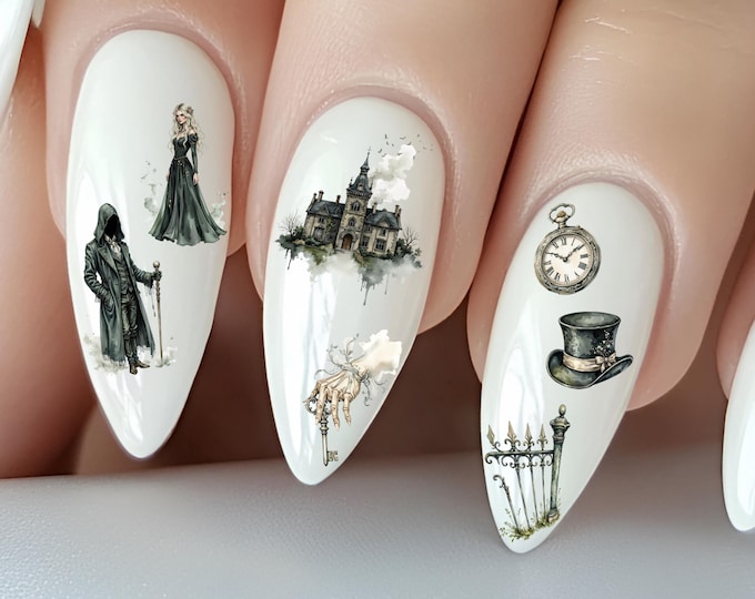 Gothic Victorian Water Nail Decals, Water-Slide Nail Stickers, Dusk Hollow Horror, Fantasy