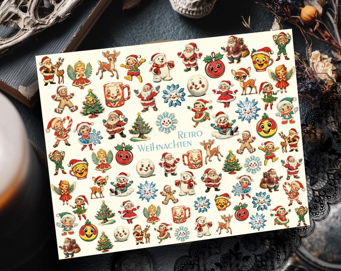Retro Christmas Water-Slide Decal Stickers, Nail Art for Nails, Fingernail Decals, Wet-Transfer Nail Decals