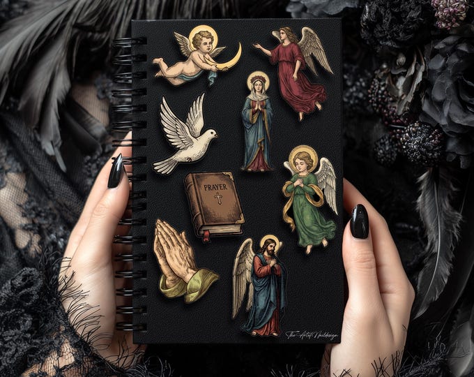 Vintage religious stickers – 8 illustrated vinyl stickers with a matte finish – dove, praying hands
