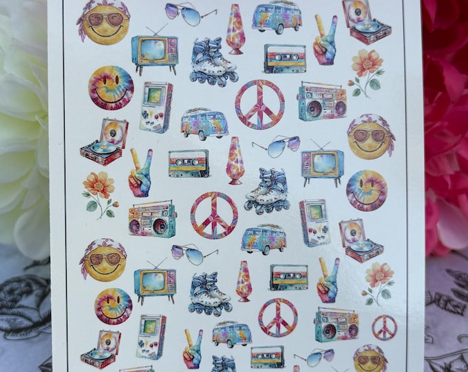 Water-slide nail decals – Groovy Flower Power water nail stickers, 70s retro style, boho hippie