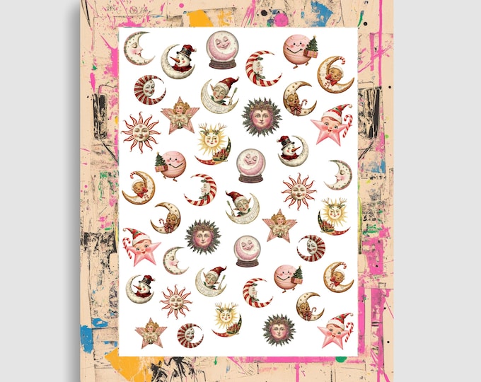 Christmas Moon and Star Faces - Waterslide Nail Stickers - Angels, Gnomes