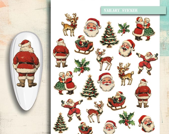 Nail art stickers Christmas, retro Christmas time, snowman, elf, Christmas tree, poinsettia, winter, nail stickers, nail tattoo