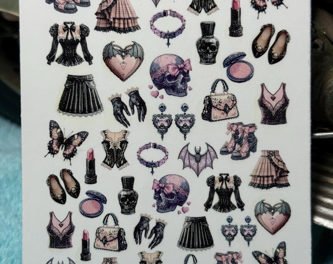 Gothic coquettish nail art waterslide stickers for nails, nail stickers with a creepy cute aesthetic, occult
