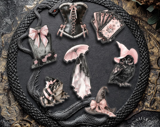 Gothic, Goth Halloween Sticker Set, Owl, Toad, Ghost, Witch's Hat Fantasy Stickers