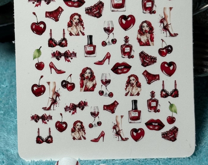 Sexy Cherry Water Nail Stickers, Lingerie Red, Nail Stickers, Nail Art High Heels, Cute Cherries