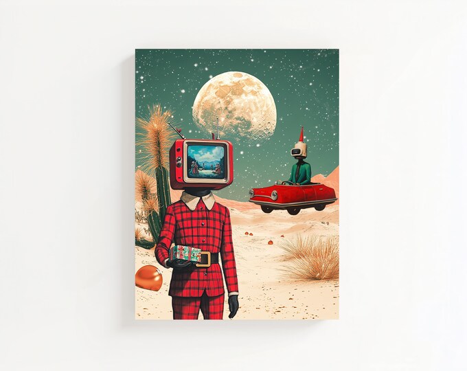 Surreal Christmas Desert Poster, Man on the Moon, Color Poster, Wall Art, Art Print, Wall Poster