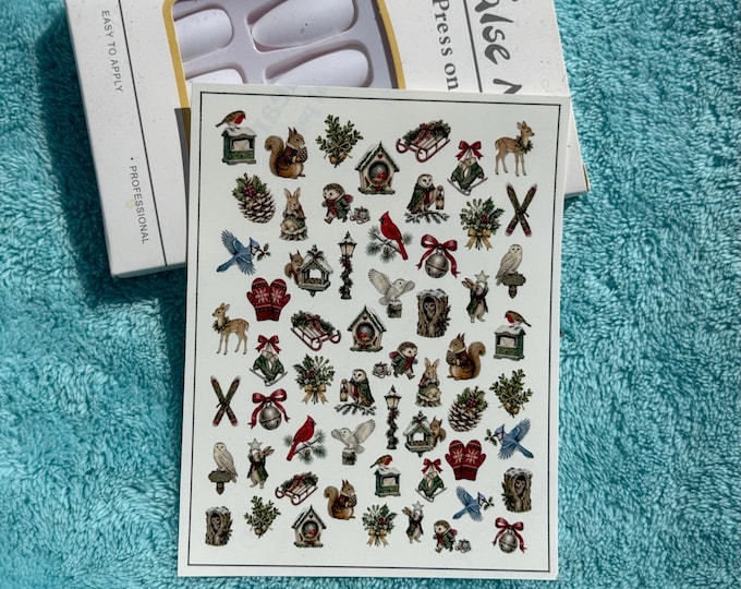 Fairytale Winter Animal Water Nail Stickers, Water-Slide Decals, Vintage Christmas Animal Nail Art Stickers, Winter