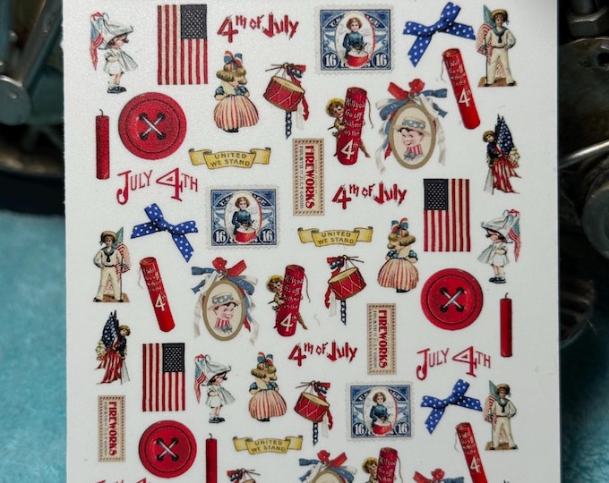 Vintage Fourth of July water nail stickers, water slide stickers for nails, nail stickers fireworks, drums, flag