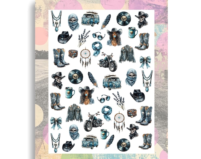 Cowgirl Western Skull Nail Sticker - Waterslide Nail Decal, Skull, Dream Catcher, Chopper, Cowboy Boots Nail Art Denim Blue Blue